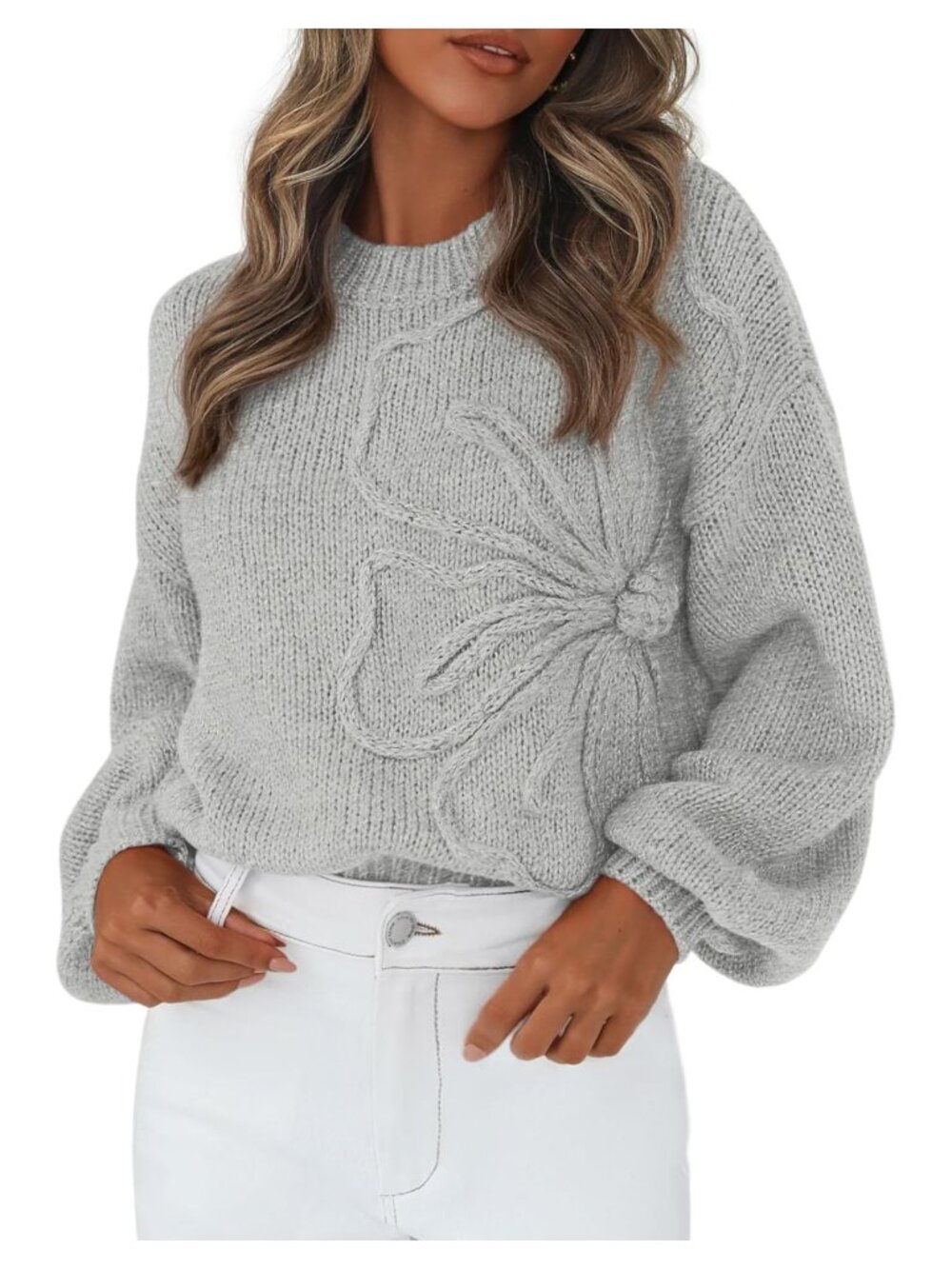 Women's Oversized Floral Chunky Knit Crew Neck Pullover Sweater Fall